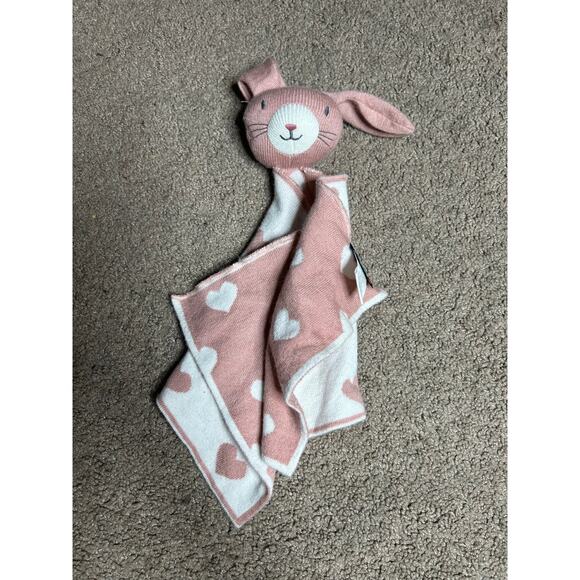 Pink w/White Hearts Knit Bunny Rabbit Rattle Lovey Security Blanket NYGB 15"x7" - Picture 1 of 5